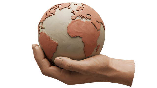 Hand holding a small clay globe showing continents with an earthy texture isolated on white, symbolizing environment and global responsibility - Powered by Adobe