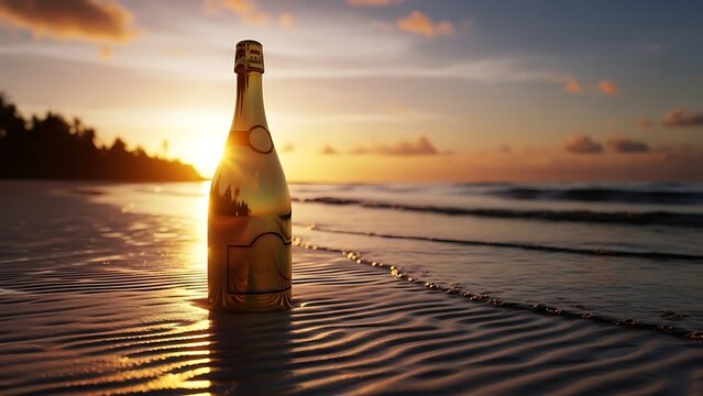 A champagne bottle rests on a tropical beach at a beautiful sunset. - Powered by Adobe