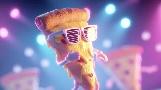 Cool Animated Pizza Slice with Sunglasses Dancing Under Stage Lights