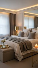 Fototapeta premium Luxurious Modern Bedroom Interior with Comfortable King-Sized Bed, Warm Lighting, and Elegant Gold Decor