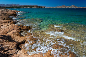 Beautiful tranquil turquoise waters of Lageri beach on the greek island of Paros