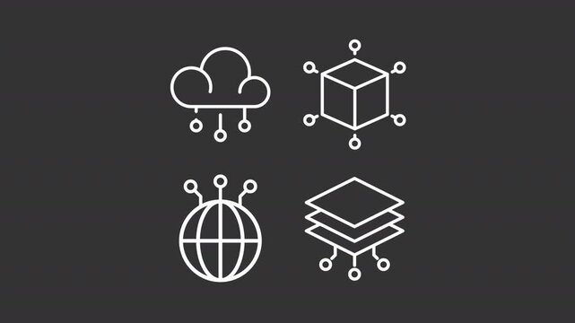 AI networks ui icons white line animation set. Data cloud, blockchain and global communications. Artificial intelligence system animated user interface elements isolated on dark background. HD video
