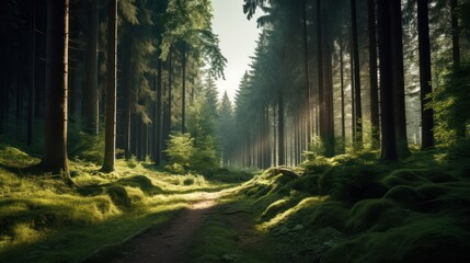 Obraz premium Sunlit Forest Path - A Serene Journey Through Lush Greenery and Towering Trees.