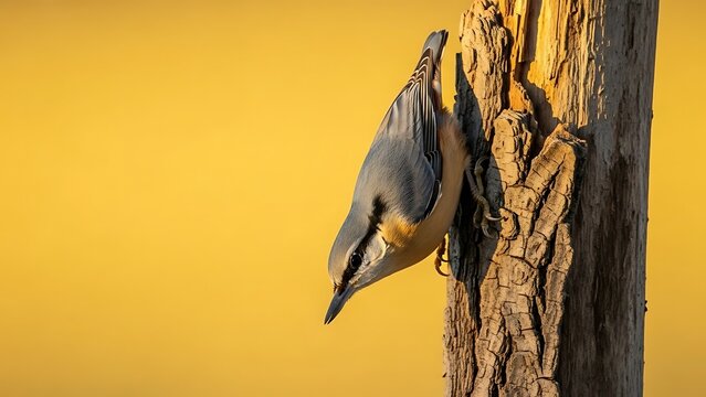 Eurasian Nuthatch Bird Climbing Down a Tree Trunk with Golden Background