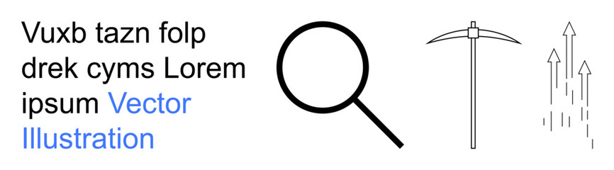Data analysis, exploration, growth, research, mining progress. Magnifying glass pickaxe and upward arrows . Data analysis and exploration concept. Line metaphor. Simple line icons