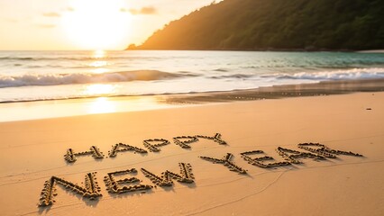 Happy New Year written in beach sand at beautiful golden sunset.