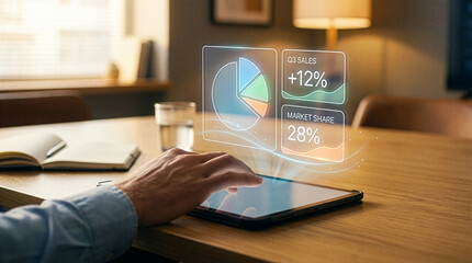 Tablet business analytics pie chart hologram