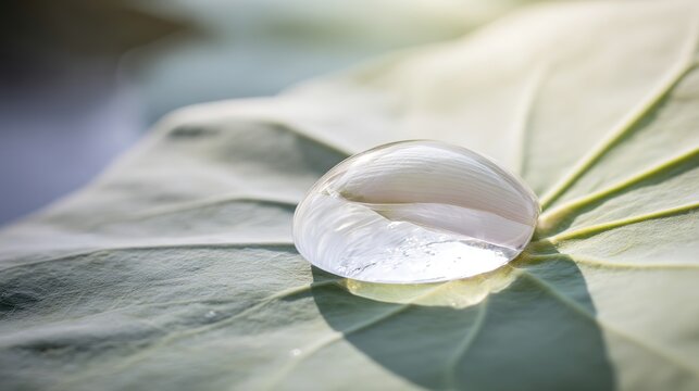 moisture. A single water droplet rolling across a large green lotus leaf. gardening catalogs, home-decor guides, designed for home decor and floral branding, enhances decor appeal.