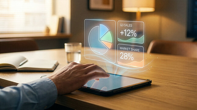 Tablet business analytics pie chart hologram