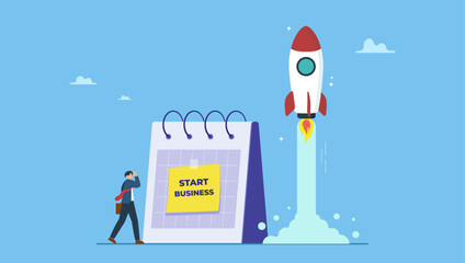 Businessman launch rocket with calendar start date. Start new business, quit full time job, startup launch company or product, begin innovative project, entrepreneur start small company.