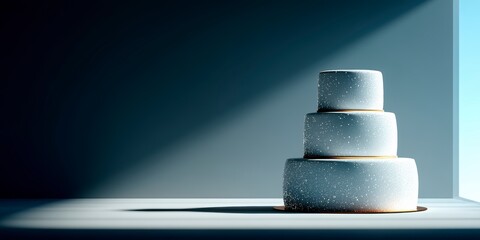 Elegant three tiered white cake with gold trim artfully decorated with tiny sparkling flecks