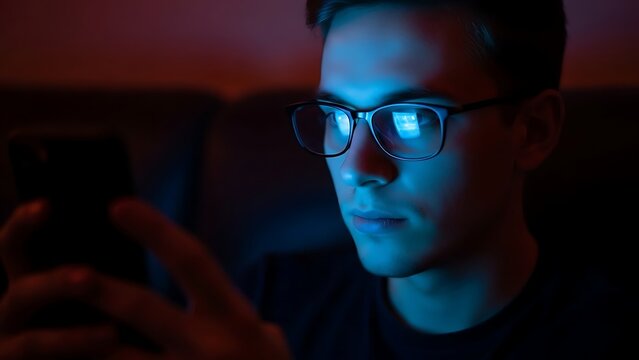 Focused young man using smartphone at night, illuminated by screen light.