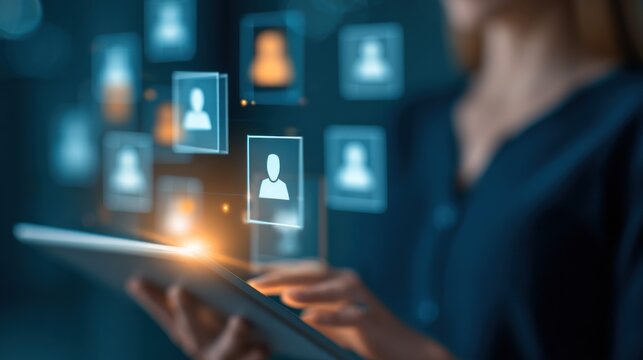 A person interacts with a tablet displaying floating digital profiles, illustrating modern technology and connectivity in a digital environment.