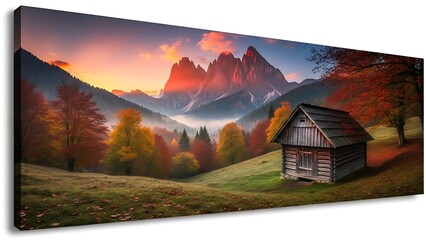 Cozy wooden cabin nestled in an autumn mountain landscape at vibrant sunset.