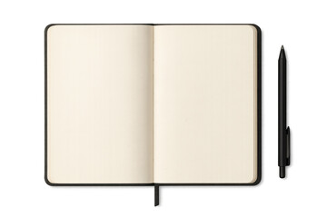 Open notebook with blank parchment style pages and bookmark, a black ink pen laying beside it, transparent background