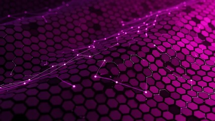 Abstract digital network background with glowing hexagonal grid and data connections.