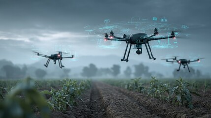 Fototapeta premium Drones Flying Over Agricultural Field with Advanced Technology Interface for Precision Farming and Crop Monitoring