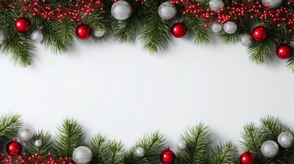 A festive arrangement of Christmas decorations with red and silver ornaments and greenery, creating a cheerful holiday border.