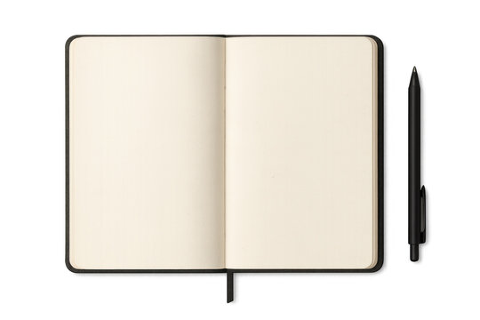 Open notebook with blank parchment style pages and bookmark, a black ink pen laying beside it, transparent background
