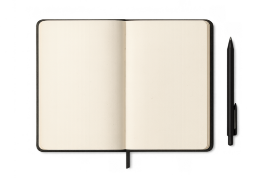 Open notebook with blank parchment style pages and bookmark, a black ink pen laying beside it, transparent background - Powered by Adobe