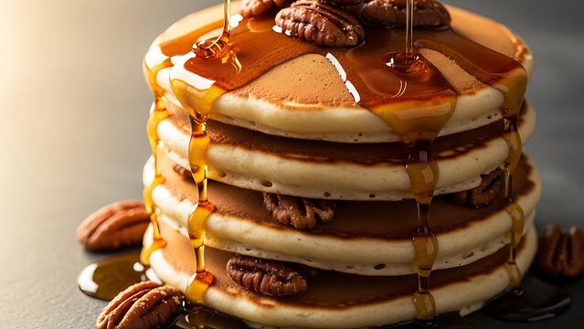 Golden maple syrup pouring over a tall stack of fluffy pancakes with pecans.