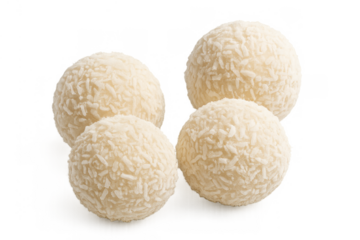 Coconut pralines with crispy shell and creamy filling, a delicious sweet chocolate candy, isolated on transparent background