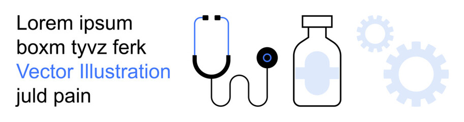 Healthcare, innovation, diagnostics, pharmaceutical, treatment, medical solutions. Stethoscope, medicine bottle and gears . Healthcare and innovation concepts visually communicated