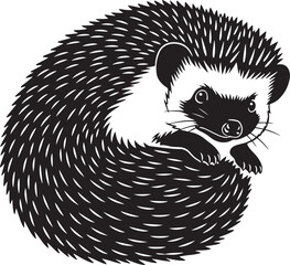 Detailed graphic illustration of a charming hedgehog curled into a protective ball, looking directly at viewer.