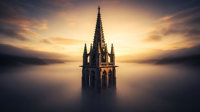 Ancient Gothic Spire Emerging from Ethereal Mist at Golden Sunrise - Powered by Adobe