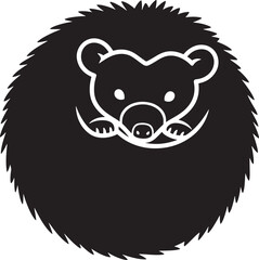 Cute cartoon hedgehog rolled into a defensive ball, minimalist black and white icon illustration on a clean background