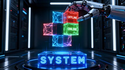 Futuristic Robotic Hand Manipulating Online and Offline System Cubes in High-Tech Server Room
