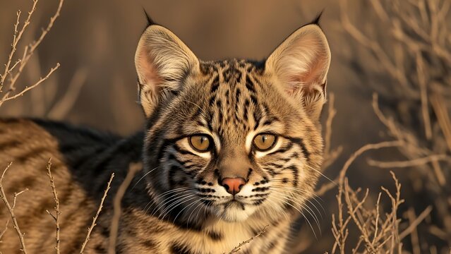 Intense close-up portrait of a wild bobcat in golden hour light