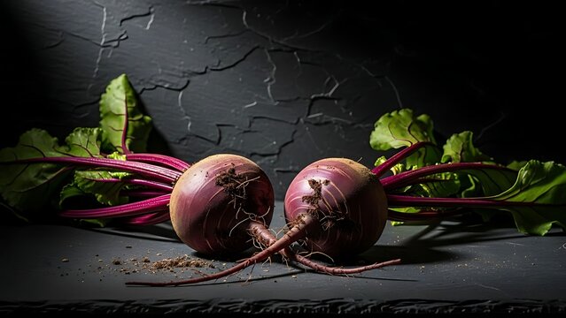 Two fresh organic beets with green leaves on a dark textured background. - Powered by Adobe