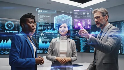 Diverse Business Professionals Interacting with Advanced Holographic Technology in a Modern Office. - Powered by Adobe