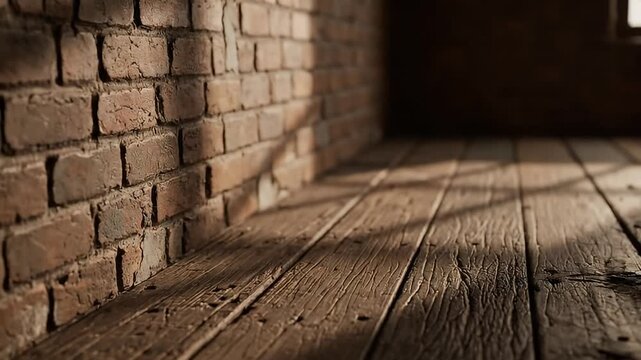 Atmospheric interior scene with an antique brick wall and distressed wooden floor, illuminated by natural light creating dramatic shadows and a rustic, timeless aesthetic