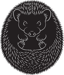 Stylized black and white curled hedgehog with detailed spines, vector illustration for nature and wildlife themes
