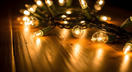 String of warm white Christmas lights arranged on a glossy wooden surface, creating a festive and cozy atmosphere.