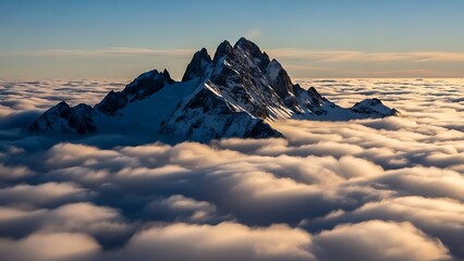 Majestic snow-capped mountain peaks rising above a sea of clouds during golden hour.