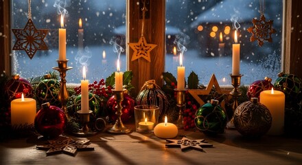 Festive Christmas window display with lit candles, ornaments, and star decorations against a snowy winter scene.