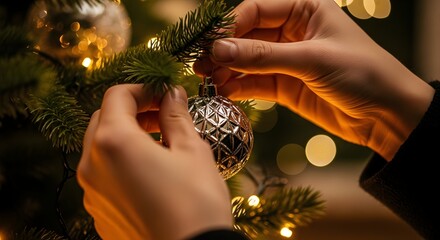 Hands decorating a Christmas tree with a silver ornament, festive season.
