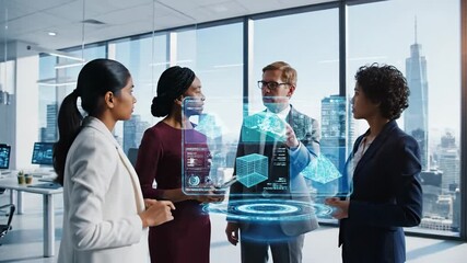 Diverse Business Team Collaborating with Futuristic Holographic Technology in Modern Office. - Powered by Adobe