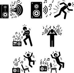 Loud Music Sound System Icon Set Stick Figure Pictogram