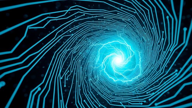 Abstract technology background with glowing blue circuit lines and an energy vortex.