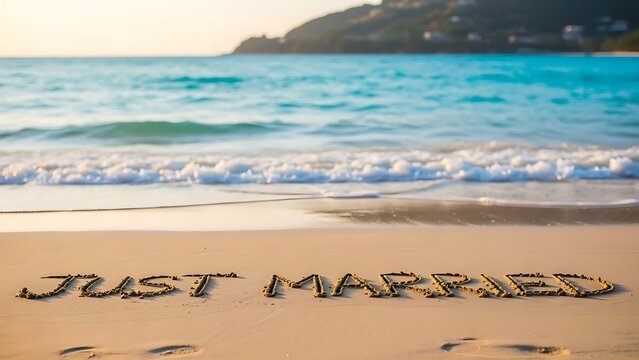 Just Married written in the sand on a beautiful tropical beach, symbolizing a new beginning.
