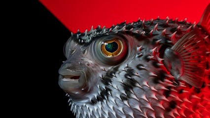 Striking Close-up of a Pufferfish with Spiky Skin Against a Bold Red Background
