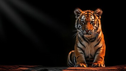 Adorable baby tiger cub sits on a wooden log in a dramatic studio portrait.