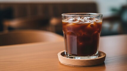 A glass of cold americano served with ice cubes. Ice americano.