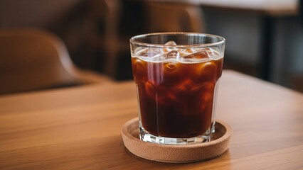 A glass of cold americano served with ice cubes. Ice americano.