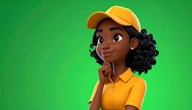 Animated young woman with dark skin and curly hair wearing a yellow cap and shirt, thinking on a green background