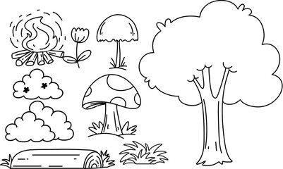 Hand-drawn adventure and outdoor line art icon set vector